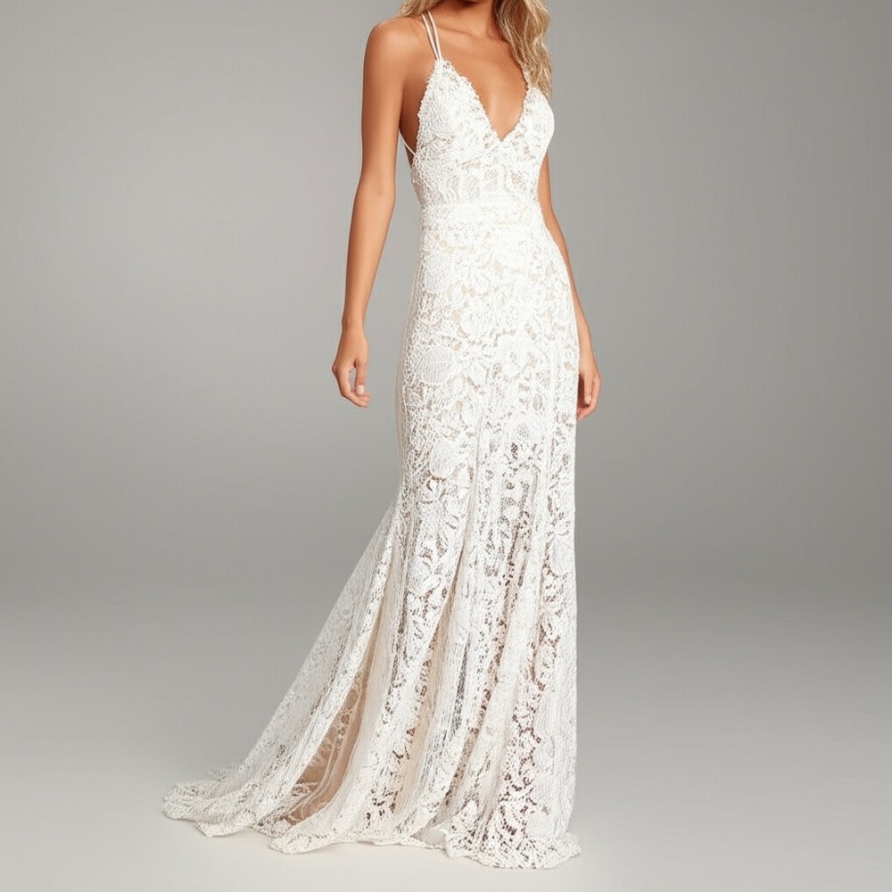 SHEIN Maxi Dress Womens‎ Size Medium White Lace Deep V-neck Elegant Bohemian